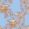Seamless background of birds nesting on blooming cherry tree