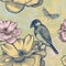 Seamless background with birds, roses and butterfl