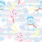 Seamless background of birthday illustration with cute baby bears on blue stripe background suitable for wallpaper, scrap paper an