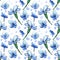 Seamless background with blue flower doodles, white background. Luxury pattern for creating textiles, wallpaper, paper. Vintage.