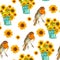 Seamless background with bouquets. Watercolor. Sunflowers, birds, watering can