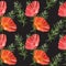 Seamless background with bright poppies and curly asparagus on a black background. Vector illustration