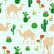 Seamless background with camels with ethnic saddles, cactus and flowers. Vector illustration.