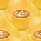 Seamless background with cappuccino coffe motif. Latte art with hearts. Best for packaging, coffee pads, wallpaper.
