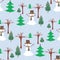 Seamless background of cheerful snowmen in wnter forest on snowy day