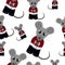 Seamless background with children`s toys. Mouse dressed as santa claus