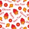 Seamless background of Chinese New Year Illustration with cute rooster, and lampion lamp on white background