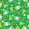 Seamless background of Christmas illustration with cute baby bears, Xmas tree and snowflakes on green background