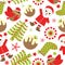 Seamless background of Christmas illustration with cute Santa Claus, bird, and Xmas ornaments suitable for Xmas scrap paper