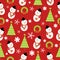 Seamless background of Christmas illustration with cute snowman and Xmas tree on red background suitable for wallpaper and scrap
