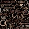 Seamless background with coffee spots and lettering of Coffee, Cappuccino, Latte and other