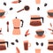 Seamless background on a coffee theme. Cups, teapots for making coffee, coffee beans, a glass. Vector illustration for a coffee