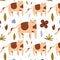 Seamless background with cute color cats, flowers and leaves.