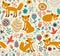 Seamless background with cute foxes and flowers