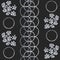 Seamless background with cute small flowers and geometric shapes. Silvery bouquets on black background.
