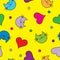 Seamless background with with decorative cats, hearts and polka dots