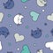 Seamless background with with decorative cats, hearts and polka dots