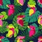 Seamless background with decorative parrots. Birds in the sky.