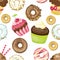 Seamless background with different sweets and desserts. tiled donuts and cupcakes pattern. Cute wrapping paper texture.