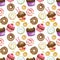 Seamless background with different sweets and desserts. tiled donuts and cupcakes pattern. Cute wrapping paper texture.