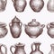 Seamless background of drawings various clay jugs, pots and pans