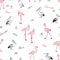 Seamless background of drawn flamingos and pelicans