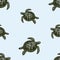 Seamless background of drawn sea turtles swimming in water