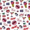 Seamless background with fashion patch badges with lips, cocktail, eyes and other elements.