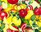 Seamless background of fresh vegetables and fruits: tomato, pepper, pumpkin, mushroom, lemon, strawberry, banana, Basil.