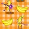 Seamless background fruit bananas character in glasses with musical instruments guitar trumpet on orange in cage background.