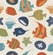 Seamless background with funny fishes, jellyfishes. Decorative marine texture. Pattern with sea creatures, corals.