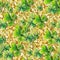 Seamless background with golden coins, three-leaved shamrocks, Lucky Irish Four Leaf Clover in the Field for St