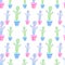 Seamless background of graphic drawings colorful cactus in pots