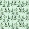 Seamless background with green leave doodles on bright mint background. Luxury pattern for creating textiles, wallpaper, paper,