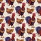 Seamless background with hand drawn rooster, hens and chickens