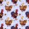 Seamless background with hand drawn rooster, hens and chickens