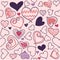 Seamless background of hand drawn stylized hearts, Valentine`s day greeting card.