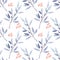 Seamless background with indigo leave and red berry doodles, white background. Luxury pattern for creating textiles, scrapbook,