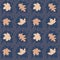 Seamless background with lace autumn leaves pastel colors . Hand drawn line style maple leaves on dark blue background