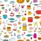 Seamless background meal and ware in doodle style.
