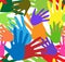 Seamless background of multi-colored prints of hands. Traditional Indian festival. Bengali New Year. Holiday of spring and nature.