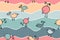 Seamless background with multicolored birds and waves