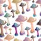 Seamless background with mushrooms. Beautiful single multi-colored mushrooms on a white background, isolated