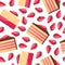 Seamless background with a pattern of delicious strawberry cupcake