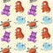 A seamless background pattern of happy, floating, cartoon, vector aliens