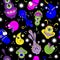 A seamless background pattern of happy, floating, cartoon, vector aliens monsters. Kiddy wallpaper or linen cloth textile design.