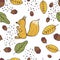 Seamless background pattern with leaf, squirrel, acorn, nut. Hand draw botanic vector stock illustration, EPS 10.