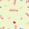 Seamless background pattern name Julia of the newborn. Name baby Julia. Seamless name Julia. Julia vector.