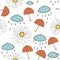 Seamless background pattern with sun, rain, clouds, umbrella. Hand draw botanic vector stock illustration, EPS 10.