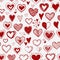 Seamless background with red doodle sketch hearts on white background